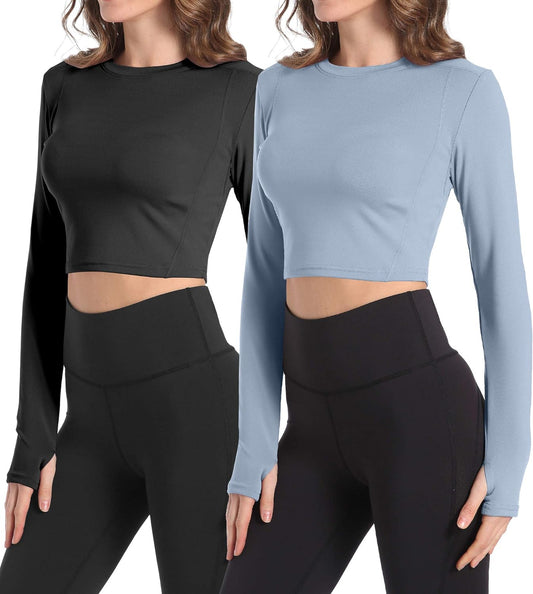 2 Pack Women'S Crop Top Long Sleeve Athletic Workout Yoga Shirts Cropped Sweatshirts with Thumb Hole